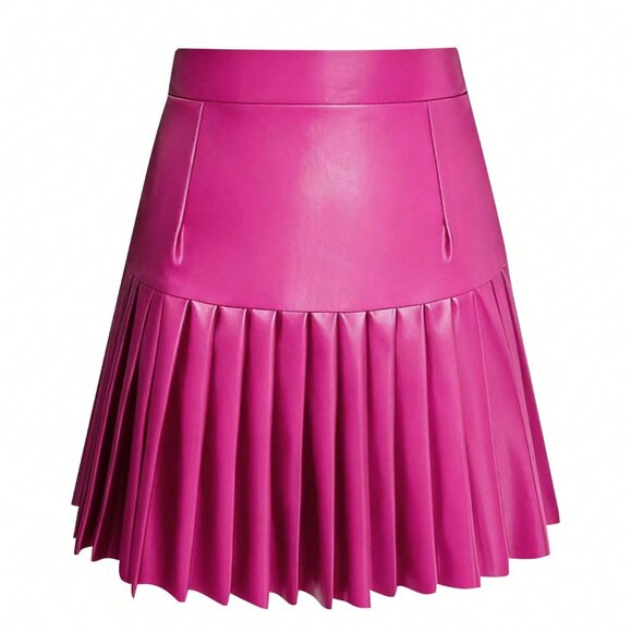 Trendy Women's Hot Pink faux leather Pleated A-Line Mini Skirt - Picture 4 of 5